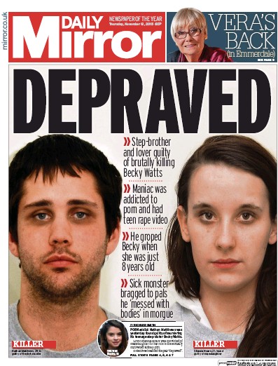 Daily Mirror Newspaper Front Page (UK) for 13 November 2015