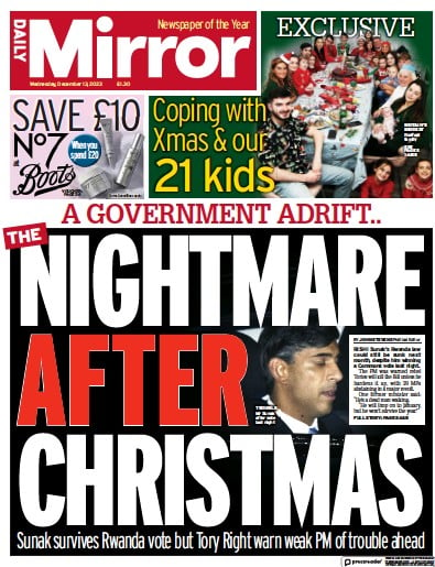 Daily Mirror Newspaper Front Page (UK) for 13 December 2023