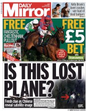 Daily Mirror Newspaper Front Page (UK) for 13 March 2014