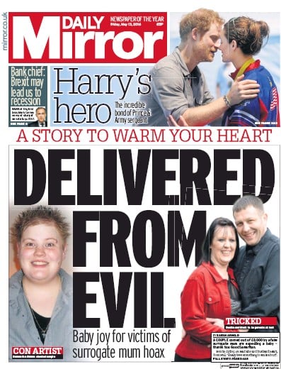 Daily Mirror Newspaper Front Page (UK) for 13 May 2016