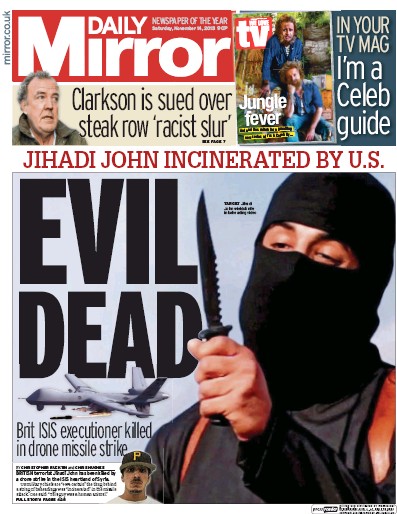 Daily Mirror Newspaper Front Page (UK) for 14 November 2015