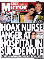 Daily Mirror Newspaper Front Page (UK) for 14 December 2012
