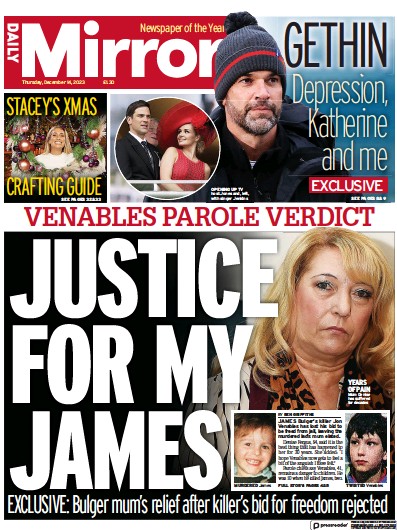 Daily Mirror Newspaper Front Page (UK) for 14 December 2023