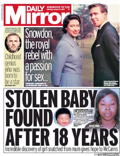 Daily Mirror Newspaper Front Page (UK) for 14 January 2017