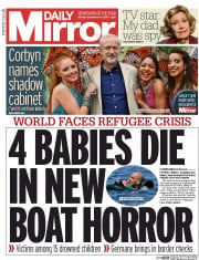 Daily Mirror Newspaper Front Page (UK) for 14 September 2015