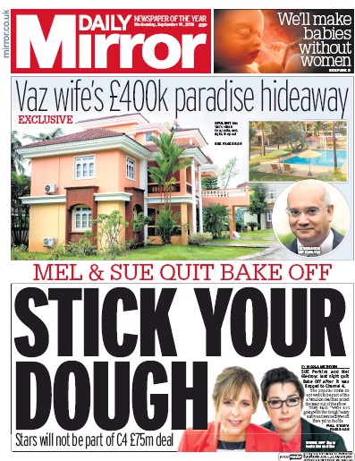 Daily Mirror Newspaper Front Page (UK) for 14 September 2016