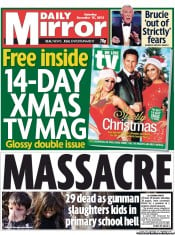 Daily Mirror Newspaper Front Page (UK) for 15 December 2012
