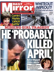 Daily Mirror (UK) Newspaper Front Page for 15 January 2013