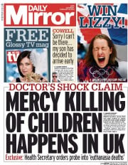 Daily Mirror Newspaper Front Page (UK) for 15 February 2014