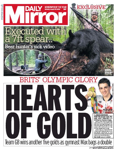 Daily Mirror Newspaper Front Page (UK) for 15 August 2016