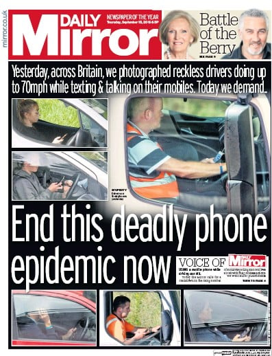 Daily Mirror Newspaper Front Page (UK) for 15 September 2016