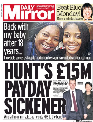 Daily Mirror Newspaper Front Page (UK) for 16 January 2017