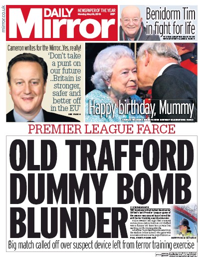 Daily Mirror Newspaper Front Page (UK) for 16 May 2016