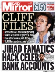 Daily Mirror Newspaper Front Page (UK) for 16 August 2014