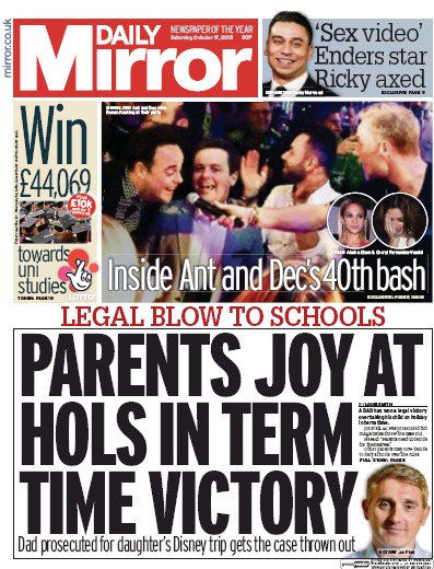 Daily Mirror Newspaper Front Page (UK) for 17 October 2015