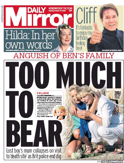 Daily Mirror Newspaper Front Page (UK) for 17 October 2016