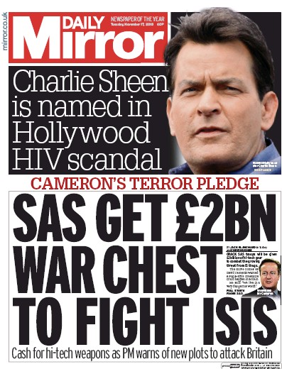 Daily Mirror Newspaper Front Page (UK) for 17 November 2015