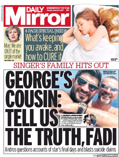 Daily Mirror Newspaper Front Page (UK) for 17 January 2017