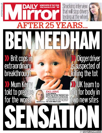 Daily Mirror Newspaper Front Page (UK) for 17 September 2016