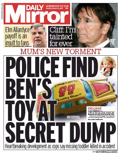 Daily Mirror Newspaper Front Page (UK) for 18 October 2016