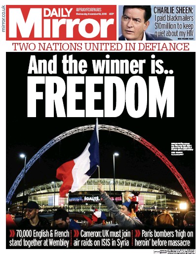 Daily Mirror Newspaper Front Page (UK) for 18 November 2015