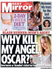 Daily Mirror Newspaper Front Page (UK) for 18 February 2013