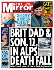 Daily Mirror Newspaper Front Page (UK) for 18 March 2013