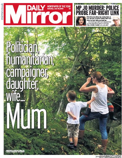 Daily Mirror Newspaper Front Page (UK) for 18 June 2016
