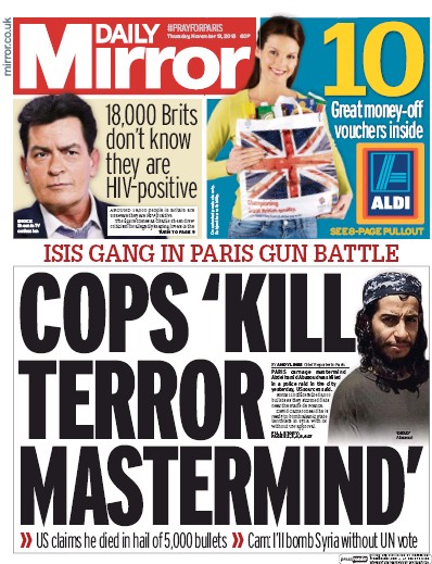 Daily Mirror Newspaper Front Page (UK) for 19 November 2015