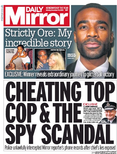 Daily Mirror Newspaper Front Page (UK) for 19 December 2016