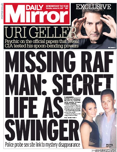 Daily Mirror Newspaper Front Page (UK) for 19 January 2017