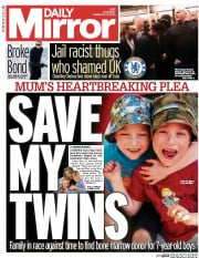 Daily Mirror (UK) Newspaper Front Page for 19 February 2015