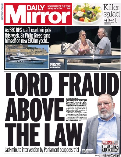 Daily Mirror Newspaper Front Page (UK) for 19 July 2016