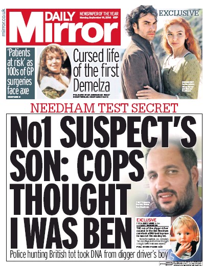Daily Mirror Newspaper Front Page (UK) for 19 September 2016