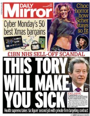 Daily Mirror Newspaper Front Page (UK) for 1 December 2014