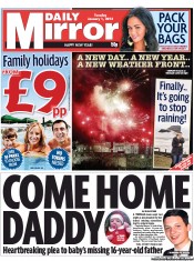 Daily Mirror Newspaper Front Page (UK) for 1 January 2013