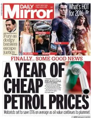 Daily Mirror (UK) Newspaper Front Page for 1 January 2016