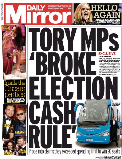 Daily Mirror Newspaper Front Page (UK) for 1 March 2016