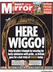 Daily Mirror Newspaper Front Page (UK) for 1 August 2012