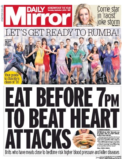 Daily Mirror Newspaper Front Page (UK) for 1 September 2016