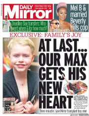 Daily Mirror (UK) Newspaper Front Page for 1 September 2017