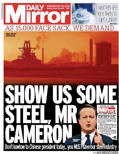 Daily Mirror Newspaper Front Page (UK) for 20 October 2015
