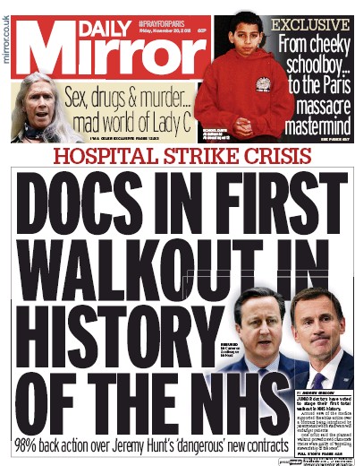 Daily Mirror Newspaper Front Page (UK) for 20 November 2015
