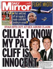 Daily Mirror Newspaper Front Page (UK) for 20 August 2014