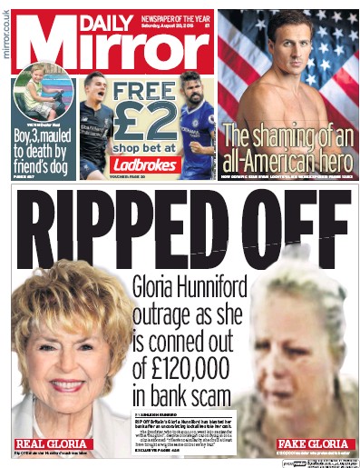 Daily Mirror Newspaper Front Page (UK) for 20 August 2016