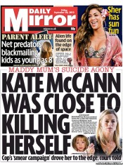Daily Mirror Newspaper Front Page (UK) for 20 September 2013