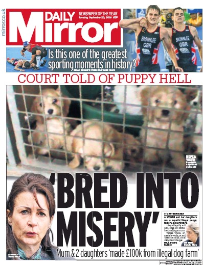 Daily Mirror Newspaper Front Page (UK) for 20 September 2016