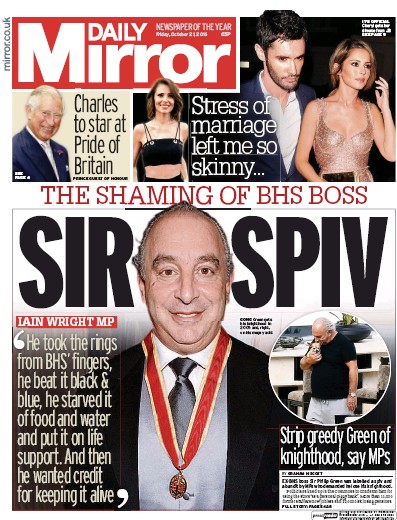 Daily Mirror Newspaper Front Page (UK) for 21 October 2016