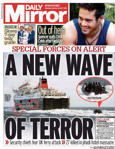 Daily Mirror Newspaper Front Page (UK) for 21 November 2015
