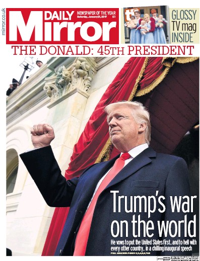 Daily Mirror Newspaper Front Page (UK) for 21 January 2017